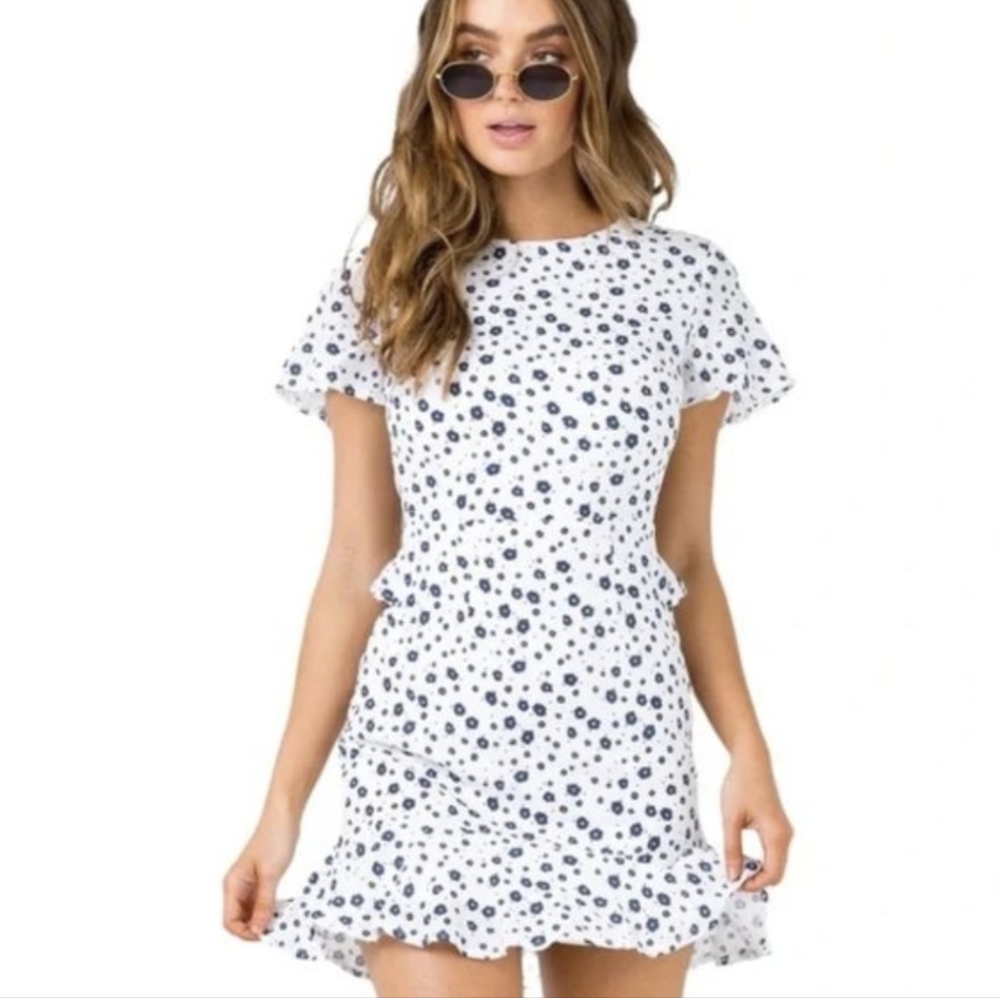 Princess Polly Nate Mini Dress White Size US 10 Floral Open Back Ruffle